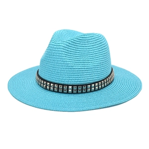 Blue fedora straw hat with double-row silver studs and black ribbon for summer beach wear