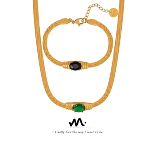 Geometric Vintage Titanium Steel Jewelry Set Colorful Glass Stone Zirconia Snake Bone Chain Necklace Bracelet For Women
