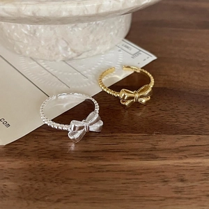 Adjustable 925 sterling silver bow knot rings in gold and silver finish with beaded band