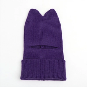 Close-up of purple knit balaclava with cat ears showing warm ribbed texture and face slit
