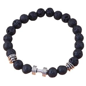 Lava stone bead bracelet featuring a silver barbell charm for fitness enthusiasts