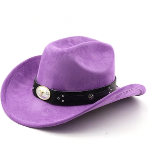 Classic purple suede western cowboy hat with studded leather band and gold bull head buckle