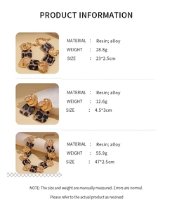 Detailed product specifications for leopard print resin necklace, bracelet and earrings set