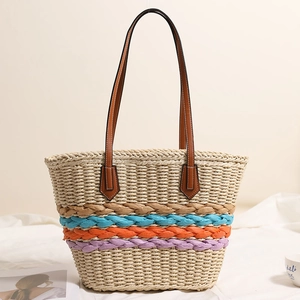 Bohemian Rainbow Stripe Straw Woven Tote Bag With PU Leather Shoulder Straps Large Capacity Zipper Beach Holiday