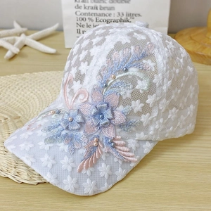 Breathable white lace baseball cap for women with 3D floral embroidery and pearl accents