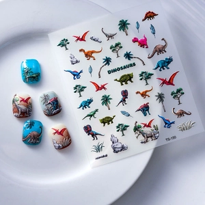 3D embossed dinosaur nail art stickers TS-150 with cartoon patterns on blue false nails