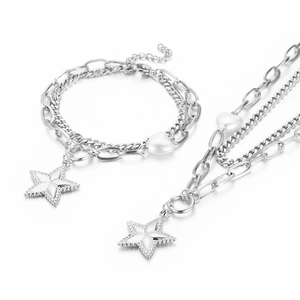 Double-layered stainless steel necklace and bracelet set with star charms and heart beads