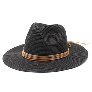 Classic black straw Panama hat with brown leather cord and gold bead accents for women