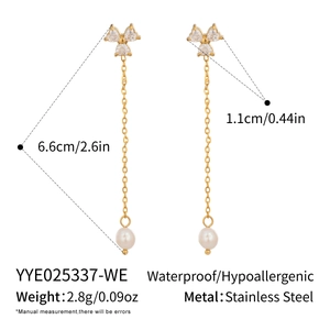 Detailed spec sheet for gold tassel pearl earrings showing size and stainless steel material