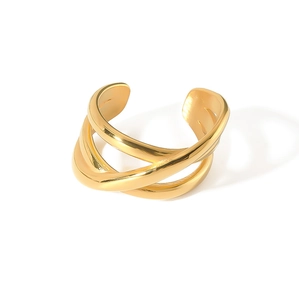 Detail view of 18K gold plated stainless steel ring with a triple layered crossover design