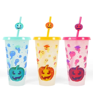 Set of 24oz color-changing Halloween straw cups with pumpkin and ghost patterns