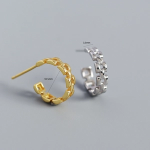 S925 silver C-shape chain hoop earrings in gold and silver finish, 10.5mm diameter