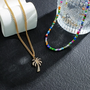 Minimalist gold palm tree pendant chain and colorful seed bead necklace set for men