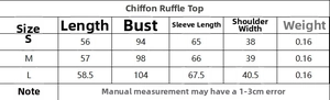 Detailed size guide table for women's French style tie-dye chiffon ruffled long sleeve top