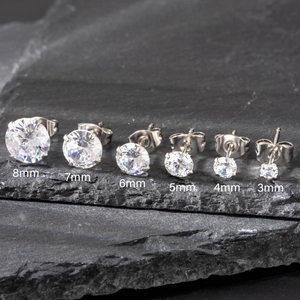 Classic stainless steel stud earrings with round cubic zirconia in sizes from 3mm to 8mm