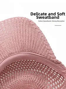 Detail view of pink woven hat inner sweatband with breathable fabric and metallic thread