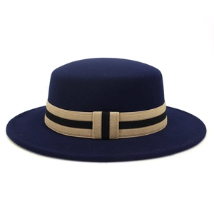 Classic dark blue flat top wool felt fedora hat with striped band for women