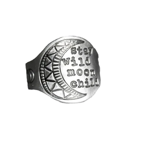Vintage style engraved crescent moon ring with Stay Wild Moon Child text on silver band
