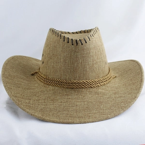 Gros plan sur la texture tissée et la corde décorative d'un chapeau de cowboy