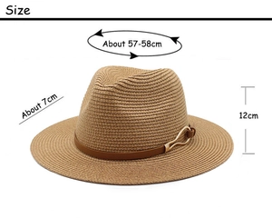 Size specifications for the wide brim straw fedora hat featuring a 57-58cm circumference