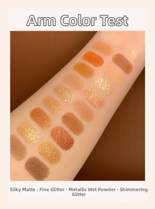 Arm color test of 16 shades eyeshadow palette with matte, shimmer and glitter textures