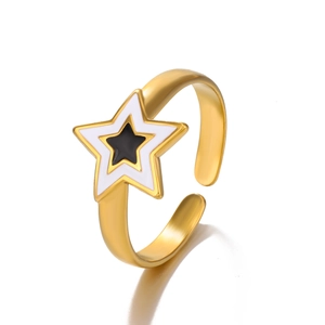 Anello aperto in acciaio placcato oro 18K con stella in smalto bianco e nero