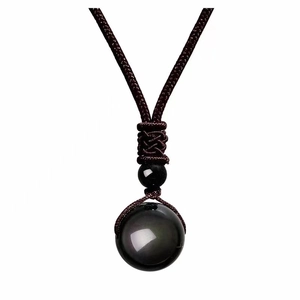 Polished black obsidian ball pendant necklace with handcrafted brown woven cord