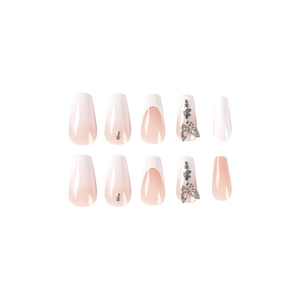 Press-on nails with 3D butterflies, rhinestones, and French ombre design in nude pink