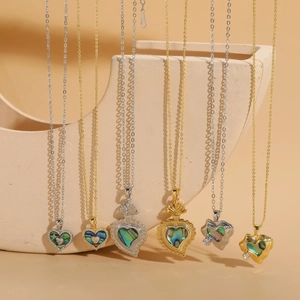 Copper Heart Pendant Necklace With Mother Of Pearl Inlaid Zirconia Gold Silver Heart Shape Abalone Shell Necklace For Women