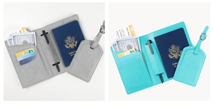 Detailed view of PU leather passport holder with pen loop and multiple card slots
