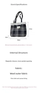 Size chart showing 34x27x6cm dimensions for the plaid tote bag with lace trim