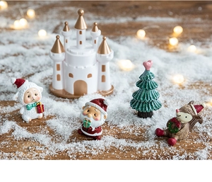 Detailed view of 5-piece Christmas resin miniature set on snow-covered wood base