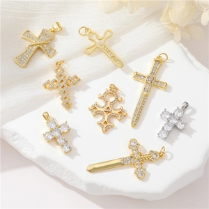 Vintage Cross Pendant Charm For Jewelry Making Copper 14K Gold Plated Zircon Inlaid Religious Gothic Style For Women Men