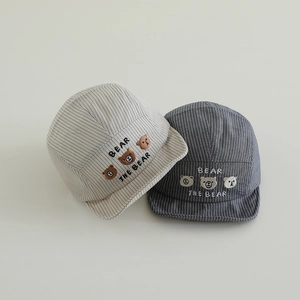 Cute baby striped caps with bear embroidery and soft peak in beige and dark grey