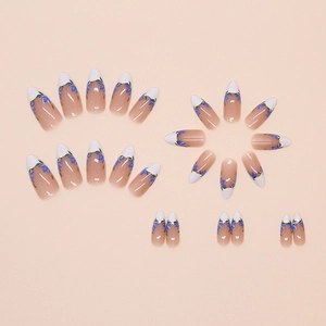 Almond French press-on nails with blue iris floral art on a nude pink base