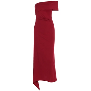 Close-up of elegant burgundy one-shoulder dress with slimming waist and asymmetric hemline