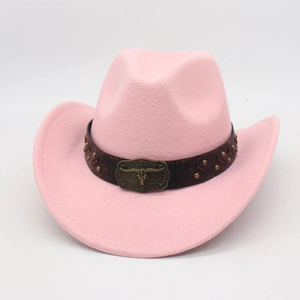 Western Cowboy Hat Retro Felt Wide Brim With Bull Skull Buckle Leather Rivet Band For Men Women