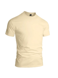 Detail of light beige cotton T-shirt showing round neck and fitted short sleeve tailoring