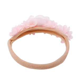 Detail of pink chiffon flowers on soft elastic nylon baby headband for infants