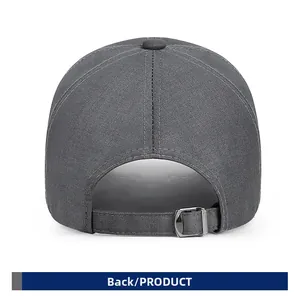 Rear view of dark grey baseball cap with adjustable metal buckle and twill fabric texture