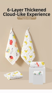 Detail of 6-layer cotton gauze baby towels with cute fruit and animal patterns