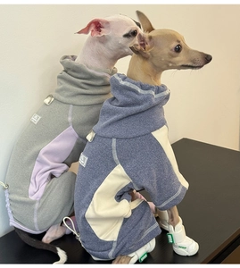Detail of high-neck warm dog jumpsuit with raglan sleeves and contrast stitching