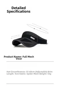 Detail of black mesh sun visor hat with adjustable strap and breathable mesh fabric