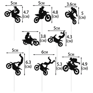 Detailed dimensions of 8 black glitter motocross silhouette cake toppers on white background
