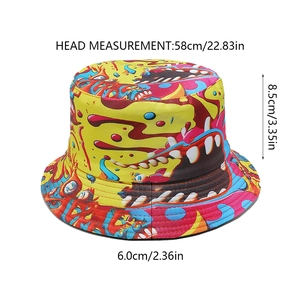 Detailed size guide of graffiti bucket hat showing head circumference and brim dimensions
