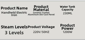 Specifications of 1200W handheld steamer with 230ml tank and ceramic coated panel
