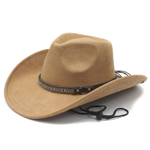 Western Cowboy Hat Suede Polyester Felt Ethnic Woven Band Adjustable Chin Strap Retro Sun Protection Outdoor Travel