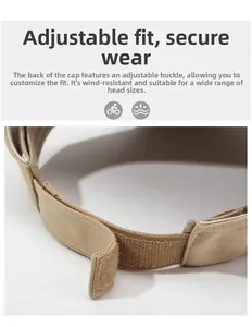 Detail of adjustable velcro strap on khaki sun visor hat for perfect head circumference fit