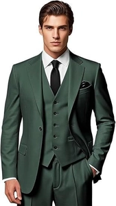 Detailed view of men's slim fit three-piece business suit in elegant dark green fabric