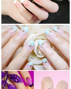 Detailed view of four nail art styles including French tip, blue with gold, and glitter purple